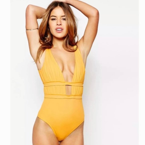 ASOS Other - ASOS PETITE Gathered Deep Plunge Yellow One Piece Swimsuit Size 6